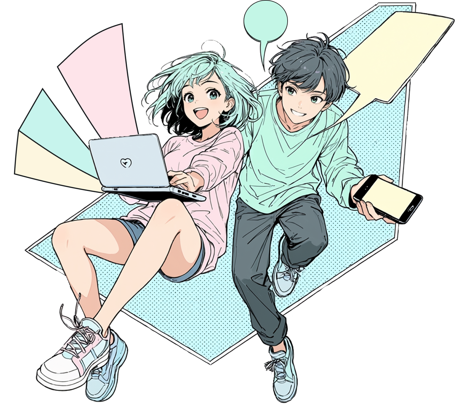 パソコンとスマートフォンを手に、マンガのコマから飛び出す二人のキャラクター